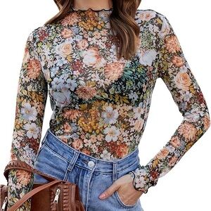 Floral Long Sleeve Sheer Top Mesh Mock Neck Long Sleeve Shirt Size Medium NWT